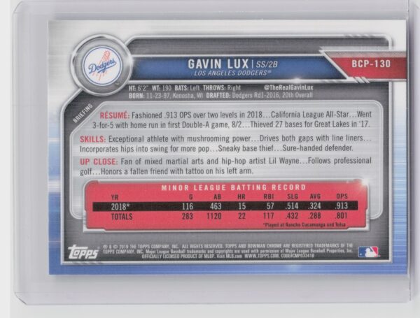 2019 Bowman Gavin Lux #BCP-130 Dodgers Chrome Prospects Mojo Refractors - Image 3