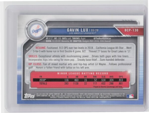2019 Bowman Gavin Lux #BCP-130 Dodgers Chrome Prospects Mojo Refractors - Image 3