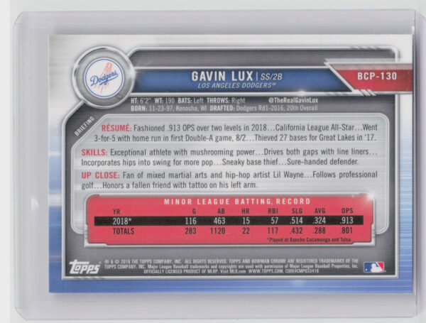2019 Bowman Gavin Lux #BCP-130 Dodgers Chrome Prospects Mojo Refractors - Image 3