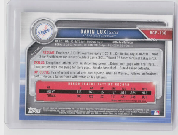 2019 Bowman Gavin Lux #BCP-130 Dodgers Chrome Prospects Mojo Refractors - Image 3