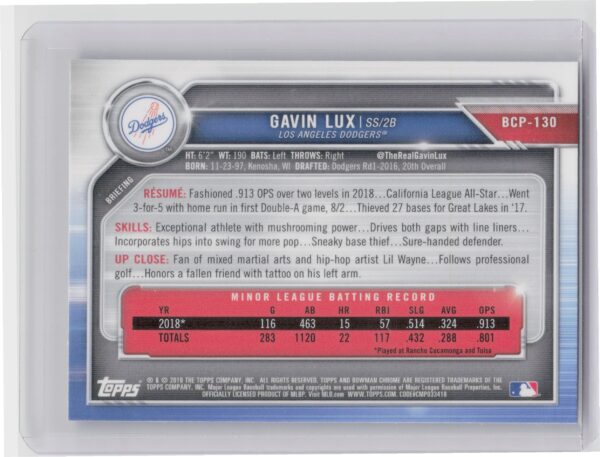 2019 Bowman Gavin Lux #BCP-130 Dodgers Chrome Prospects Mojo Refractors - Image 3