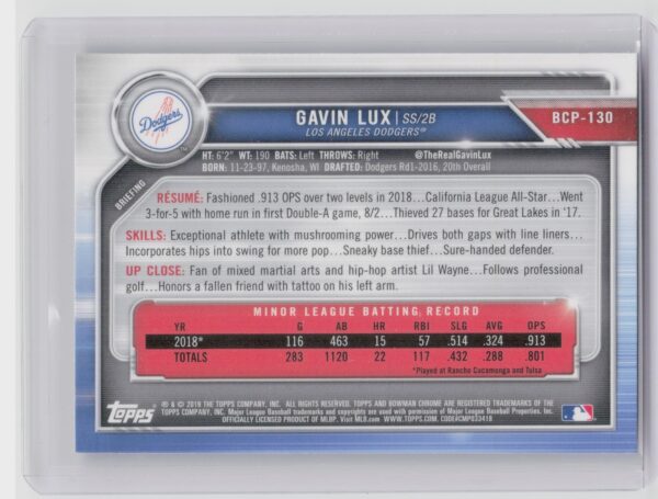 2019 Bowman Gavin Lux #BCP-130 Dodgers Chrome Prospects Mojo Refractors - Image 3