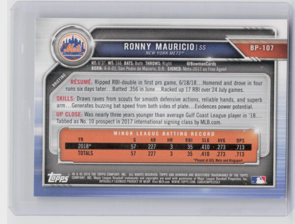 2019 Bowman Ronny Mauricio #BP-107 Mets Prospects - Image 3
