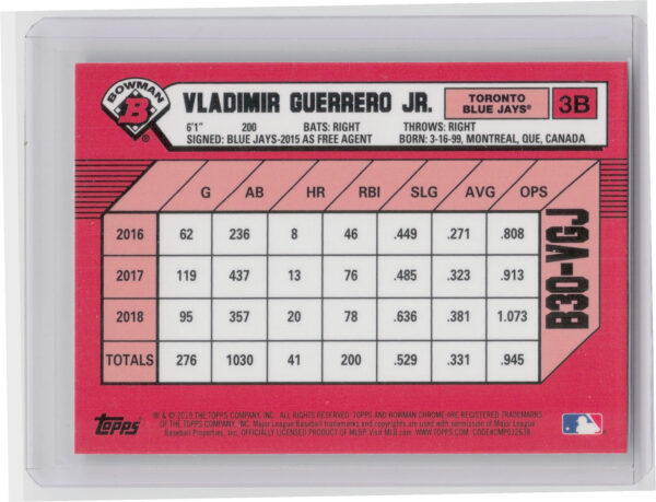 2019 Bowman Vladimir Guerrero Jr. #B30-VGJ Jays 30th Anniversary Bowman - Image 3