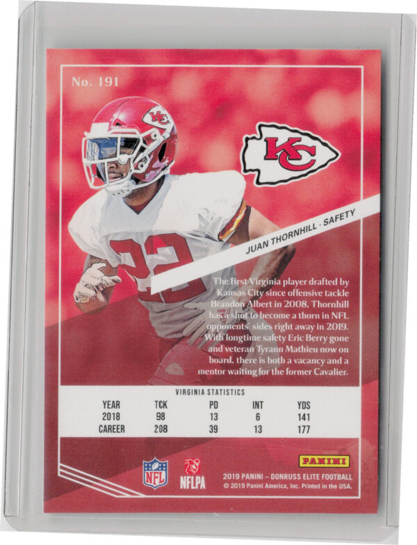 2019 Donruss Elite Juan Thornhill RC SN699 #191 Chiefs - Image 3