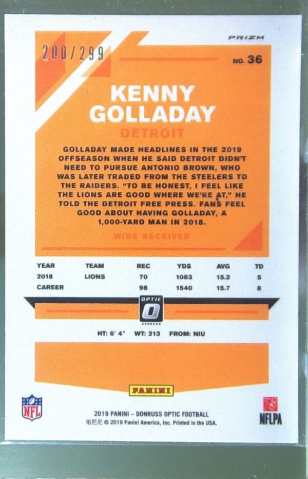 2019 Donruss Optic Kenny Golladay Aqua /299 #36 Lions - Image 3