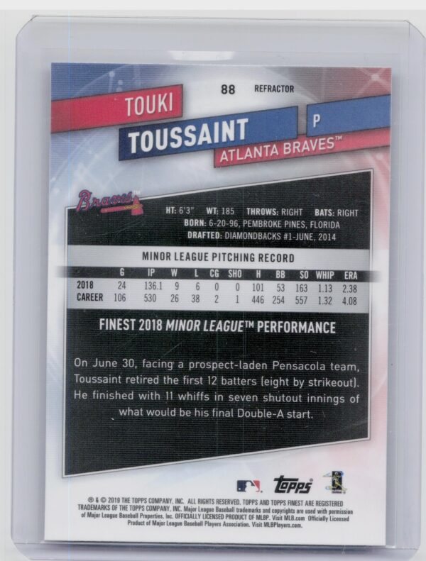 2019 Finest Touki Toussaint Refractor #88 Braves - Image 3