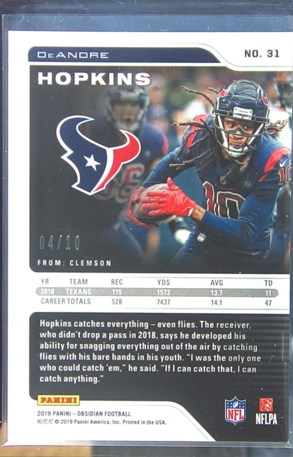 2019 Obsidian DeAndre Hopkins Electric Etch Yellow /10 #31 Texans - Image 3