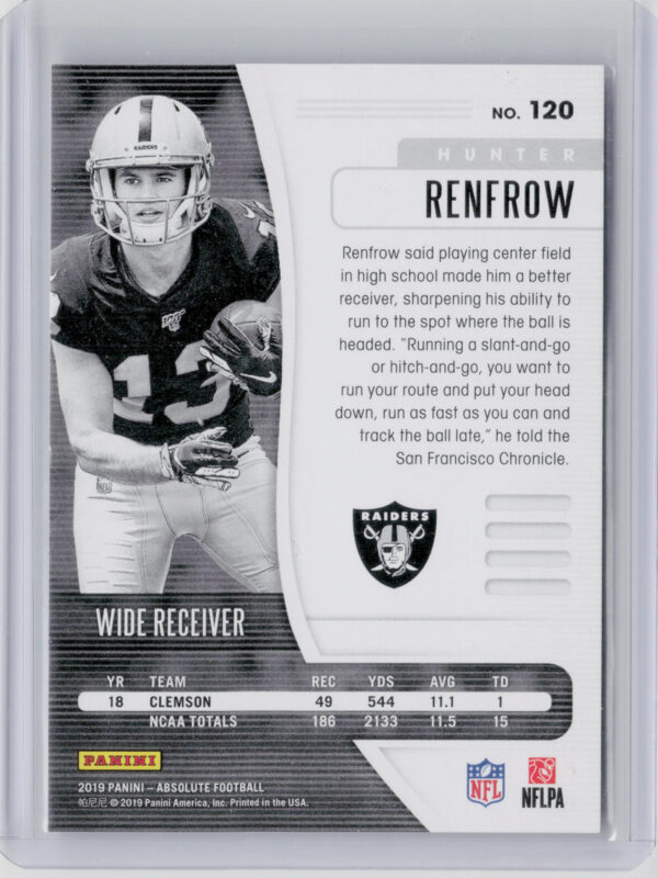 2019 Panini Absolute Hunter Renfrow RC SN199 #120 Raiders - Image 3