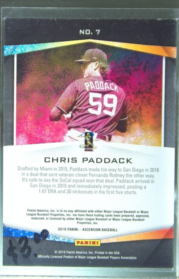 2019 Panini Chronicles Chris Paddack /99 RC #7 Padres Ascension Blue - Image 3