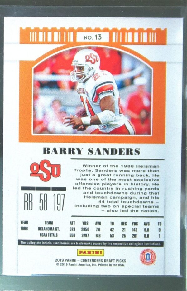 2019 Panini Contenders Draft Picks Collegiate Barry Sanders #13 Cowboys - Image 3
