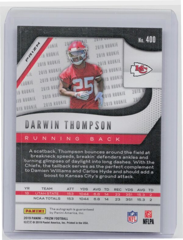 2019 Panini Prizm Darwin Thompson AU #400 Chiefs Rookie Autographs - Image 3