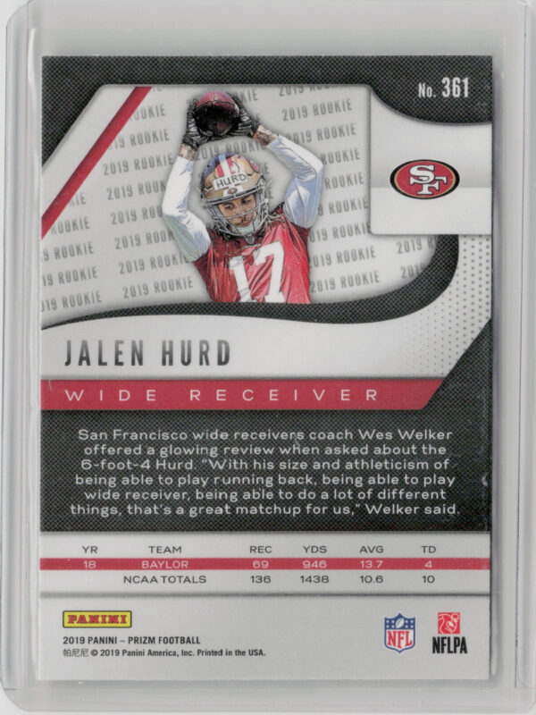 2019 Panini Prizm Jalen Hurd RC #361 49ers - Image 3