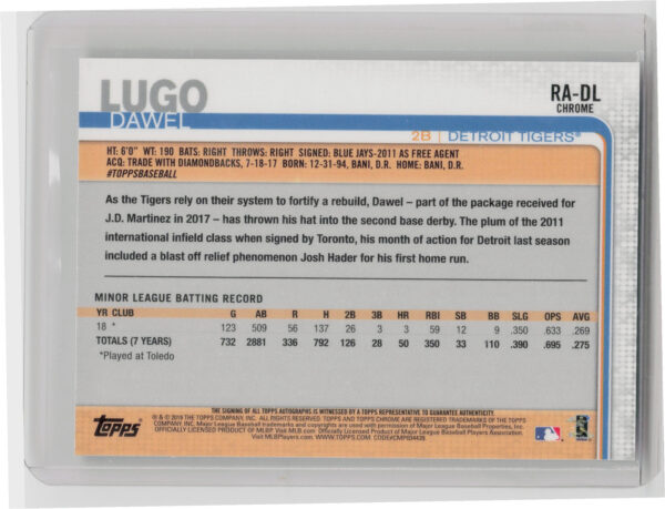 2019 Topps Chrome Dawel Lugo AU #RA-DL Tigers Rookie Autographs - Image 3