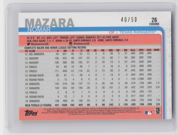 2019 Topps Chrome Nomar Mazara Gold Wave Refractor /50 #26 Rangers - Image 3