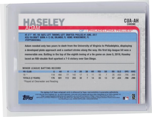 2019 Topps Chrome Update Adam Haseley AU #CUA-AH Phillies Autographs - Image 3