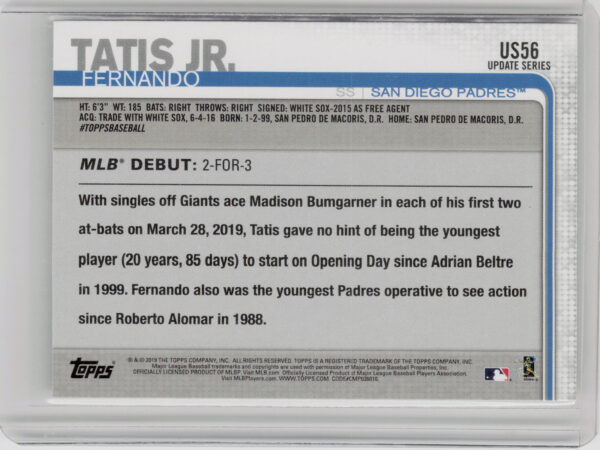 2019 Topps Update Fernando Tatis Jr. #US56 Padres - Image 3