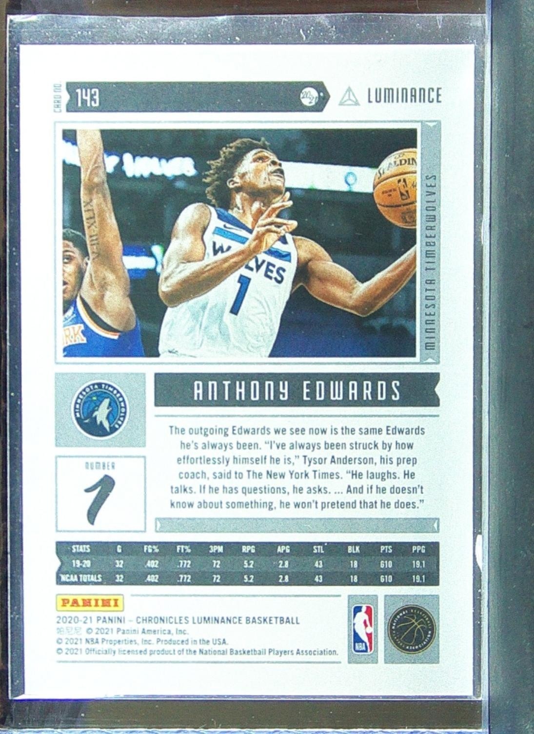 2020-21 Chronicles Anthony Edwards RC #143 Timberwolves - Image 3
