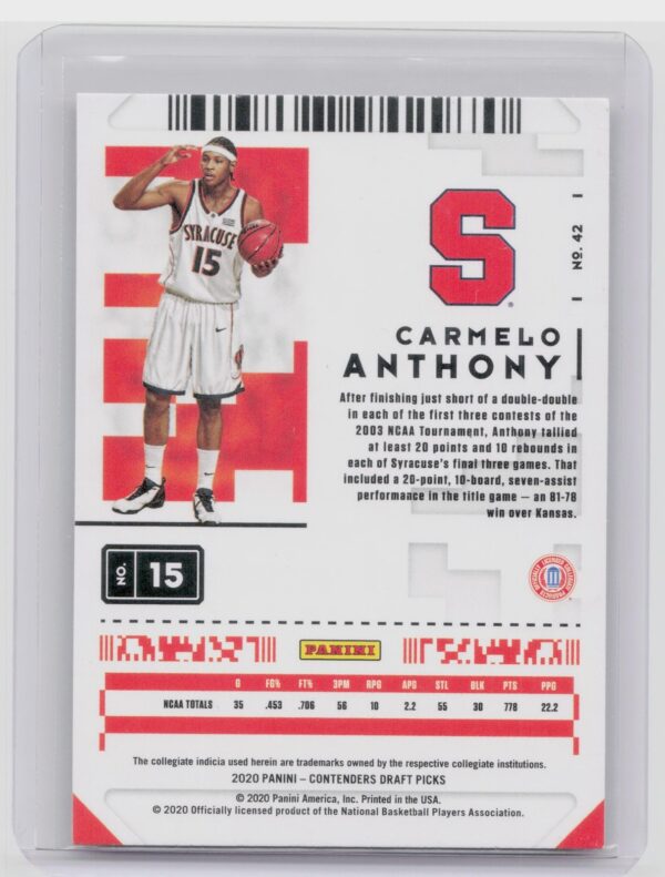 2020-21 Contenders Draft Picks Carmelo Anthony Game Ticket Green Explosion #42 O - Image 3
