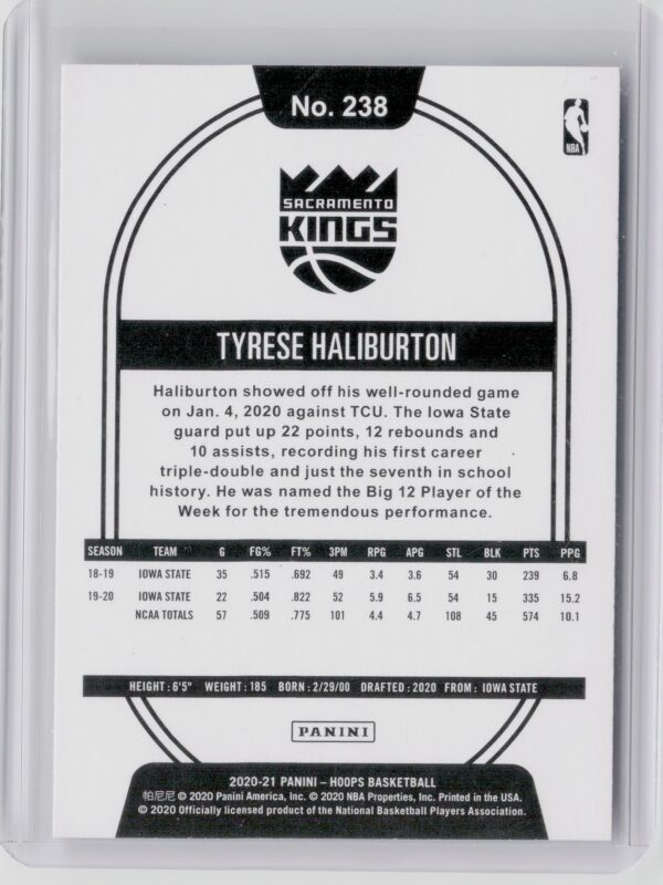 2020-21 Hoops Tyrese Haliburton RC #238 Kings - Image 3
