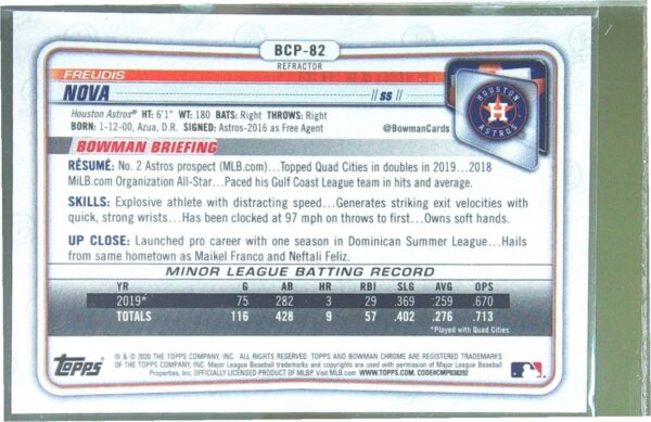 2020 Bowman Chrome Freudis Nova /499 #BCP-82 Astros Chrome Prospects Refractor - Image 3