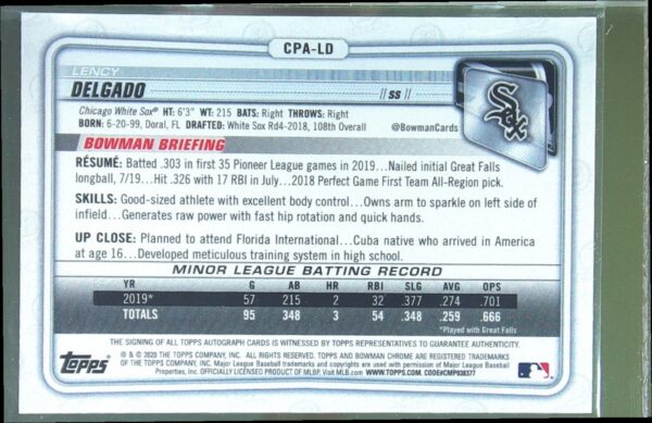 2020 Bowman Lency Delgado Auto /99 #CPA-LD Sox Chrome Prospect Green Shimmer - Image 3