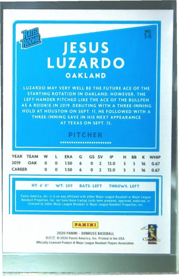 2020 Donruss Jesus Luzardo Yellow #34 Athletics - Image 3