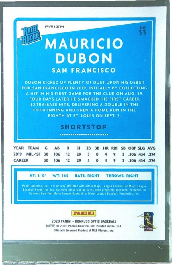 2020 Donruss Mauricio Dubon Yellow RC #33 Giants - Image 3
