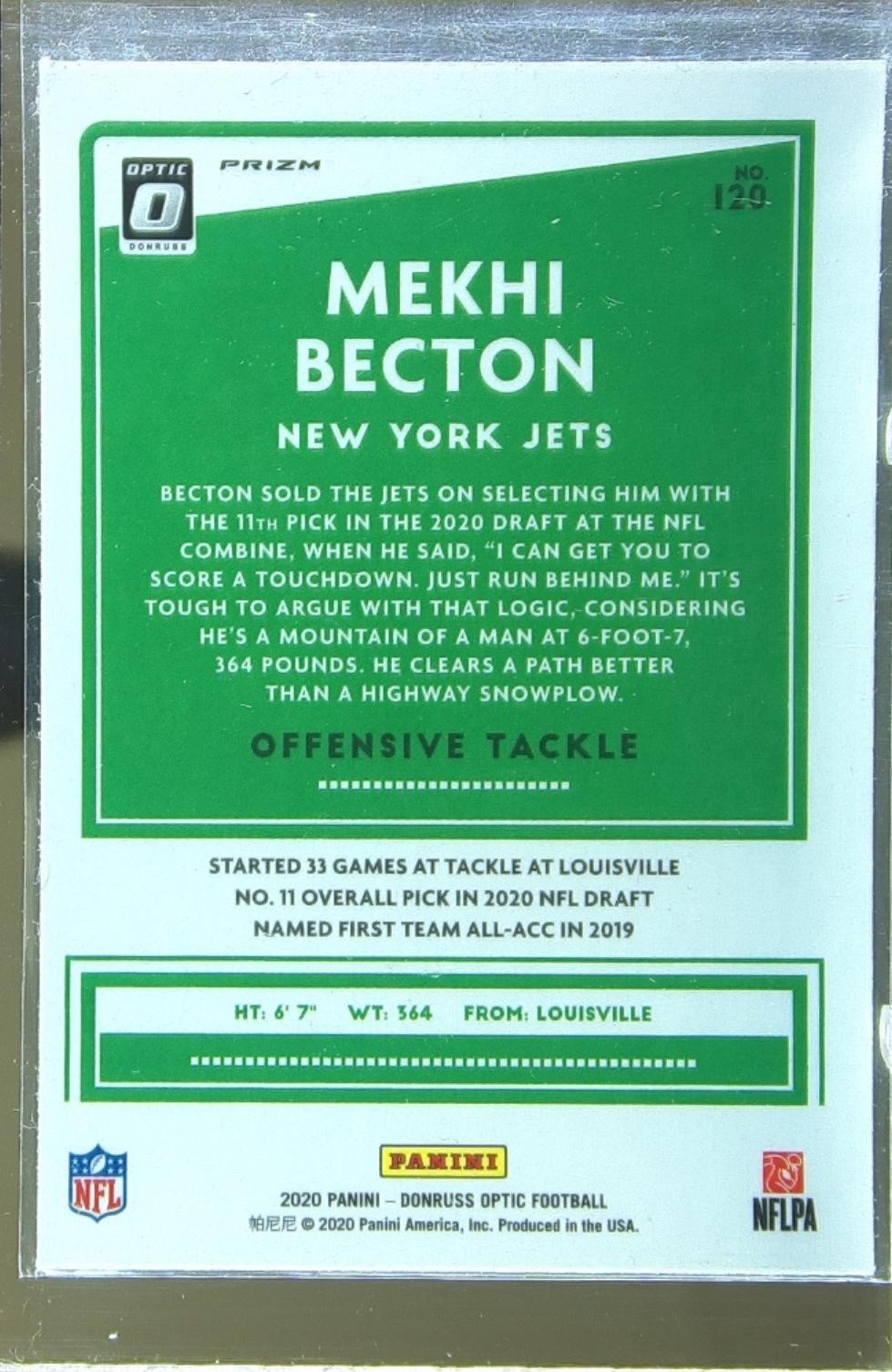 2020 Donruss Optic Mekhi Becton Purple Shock RC #120 Jets - Image 3