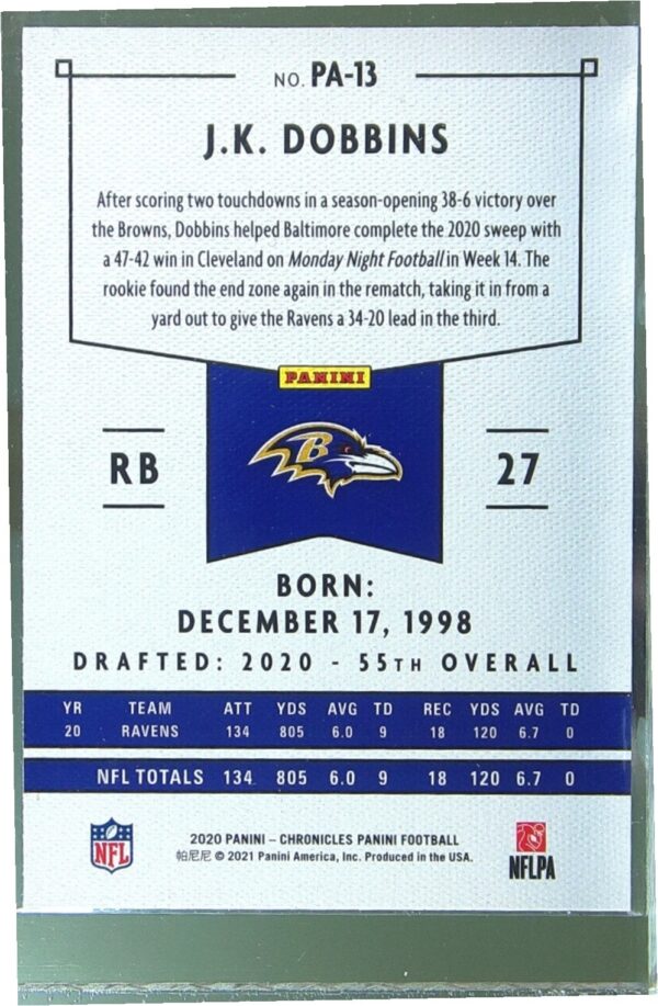 2020 Panini Chronicles J.K. Dobbins RC #PA-13 Ravens Panini - Image 3