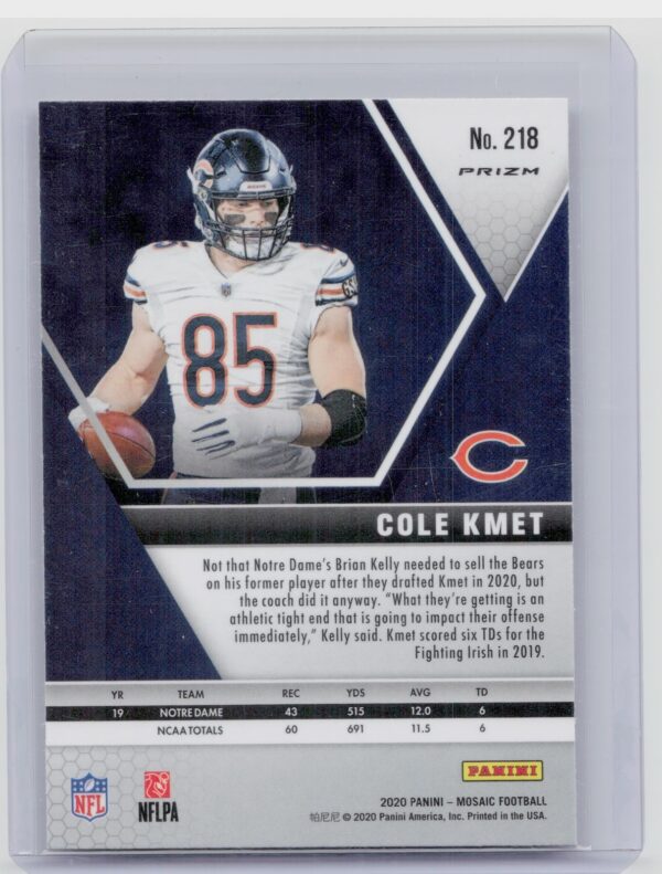 2020 Panini Mosaic Cole Kmet No Huddle Prizm Silver #218 Bears - Image 3