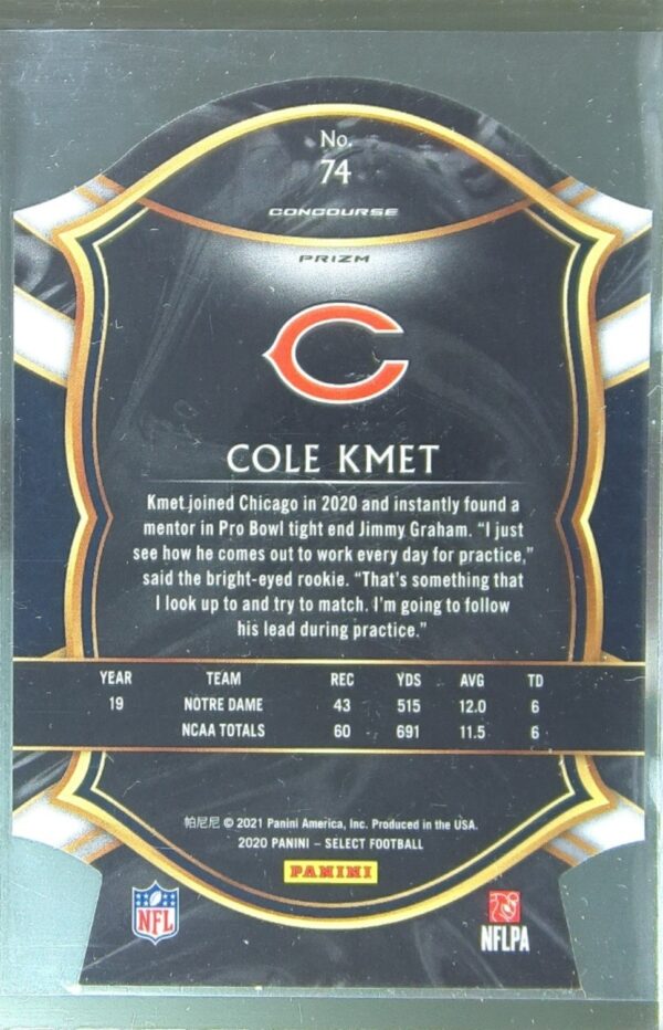 2020 Select Cole Kmet Light Blue Prizm Die Cut RC #74 Bears - Image 3