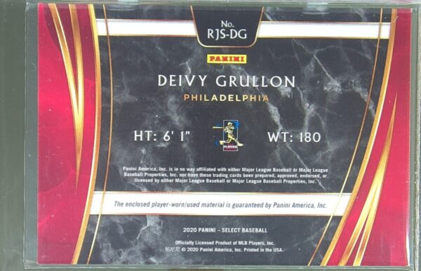 2020 Select Deivy Grullon JSY #RJS-DG Phillies Rookie Jumbo Swatch - Image 3