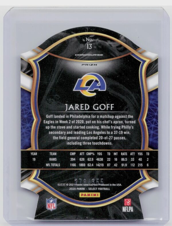 2020 Select Jared Goff Copper Prizm Die Cut /355 #13 Rams - Image 3