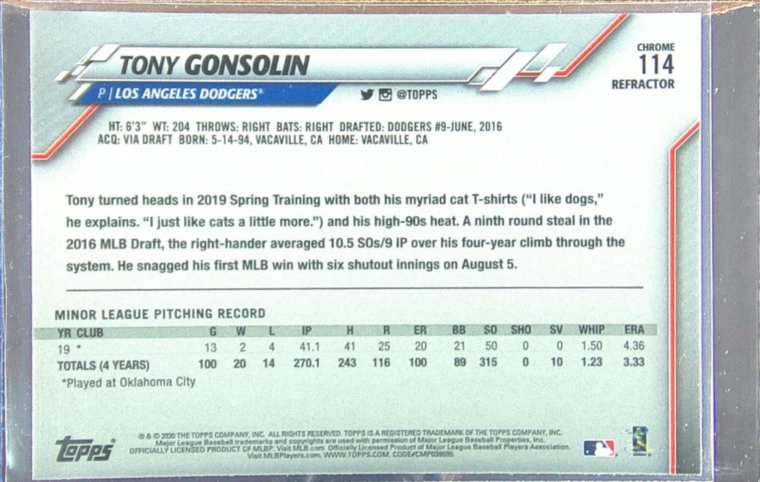 2020 Topps Chrome Tony Gonsolin Pink Refractor #114 Dodgers - Image 3