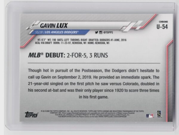 2020 Topps Chrome Update Gavin Lux #U-54 Dodgers - Image 3