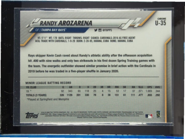 2020 Topps Chrome Update Randy Arozarena RC #U-35 Rays - Image 3