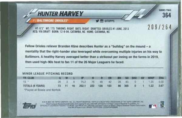 2020 Topps Hunter Harvey Foilboard (Retail) /264 RC #364 Orioles - Image 3