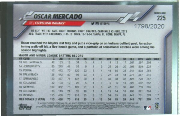 2020 Topps Oscar Mercado Gold /2020 #225 Indians Future Stars - Image 3