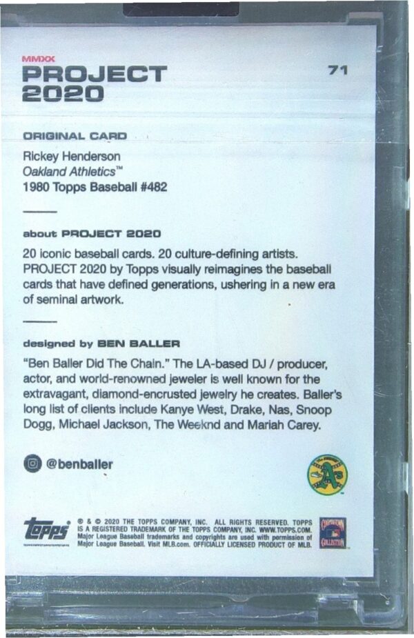 2020 Topps Project Ben Baller 2020 Rickey Henderson #71 Athletics - Image 3