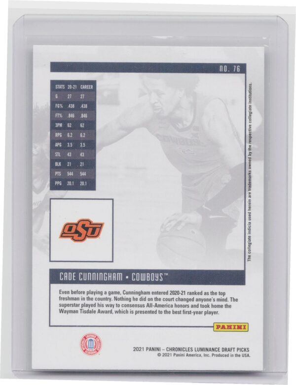 2021-22 Panini Chronicles Luminance Draft Picks Cade Cunningham Rookie #76 - Image 3