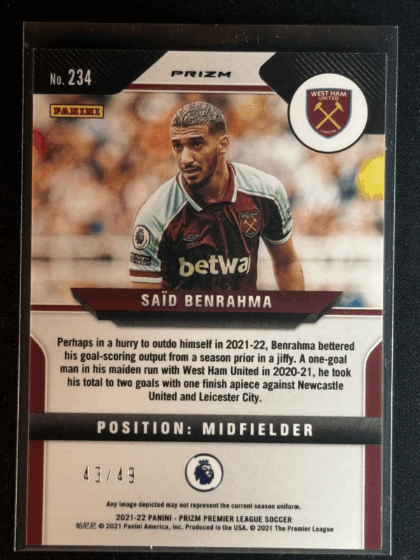 2021-22 Panini Prizm Premier League Said Benrahma Aqua Pulsar /49 #234 - Image 3