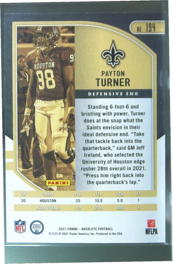 2021 Absolute Payton Turner Retail RC #194 Saints - Image 3