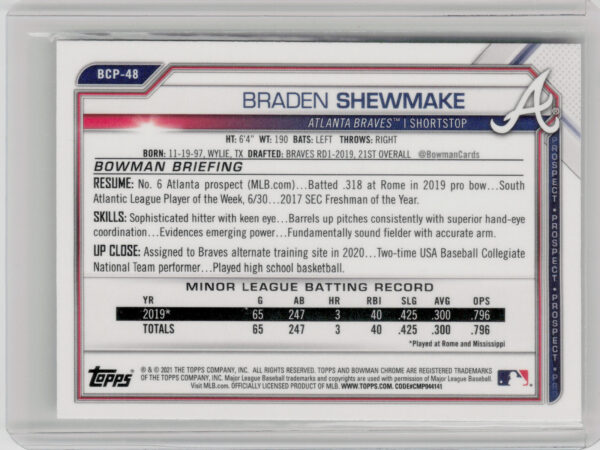 2021 Bowman Braden Shewmake #BCP-48 Braves Chrome Prospects - Image 3