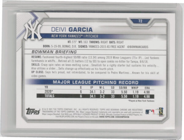2021 Bowman Deivi Garcia RC #72 Yankees - Image 3