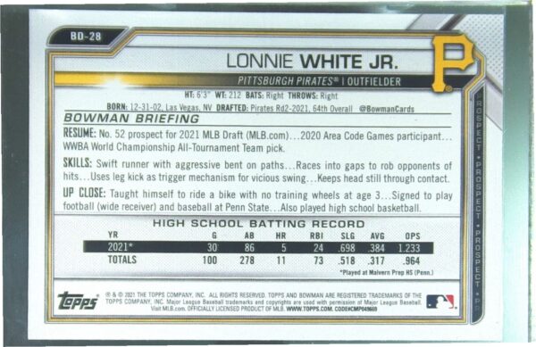 2021 Bowman Draft Lonnie White Jr. Sky Blue /499 #BD-28 Pirates - Image 3