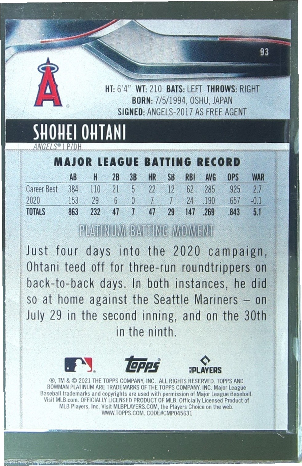 2021 Bowman Platinum Shohei Ohtani #93 Angels - Image 3