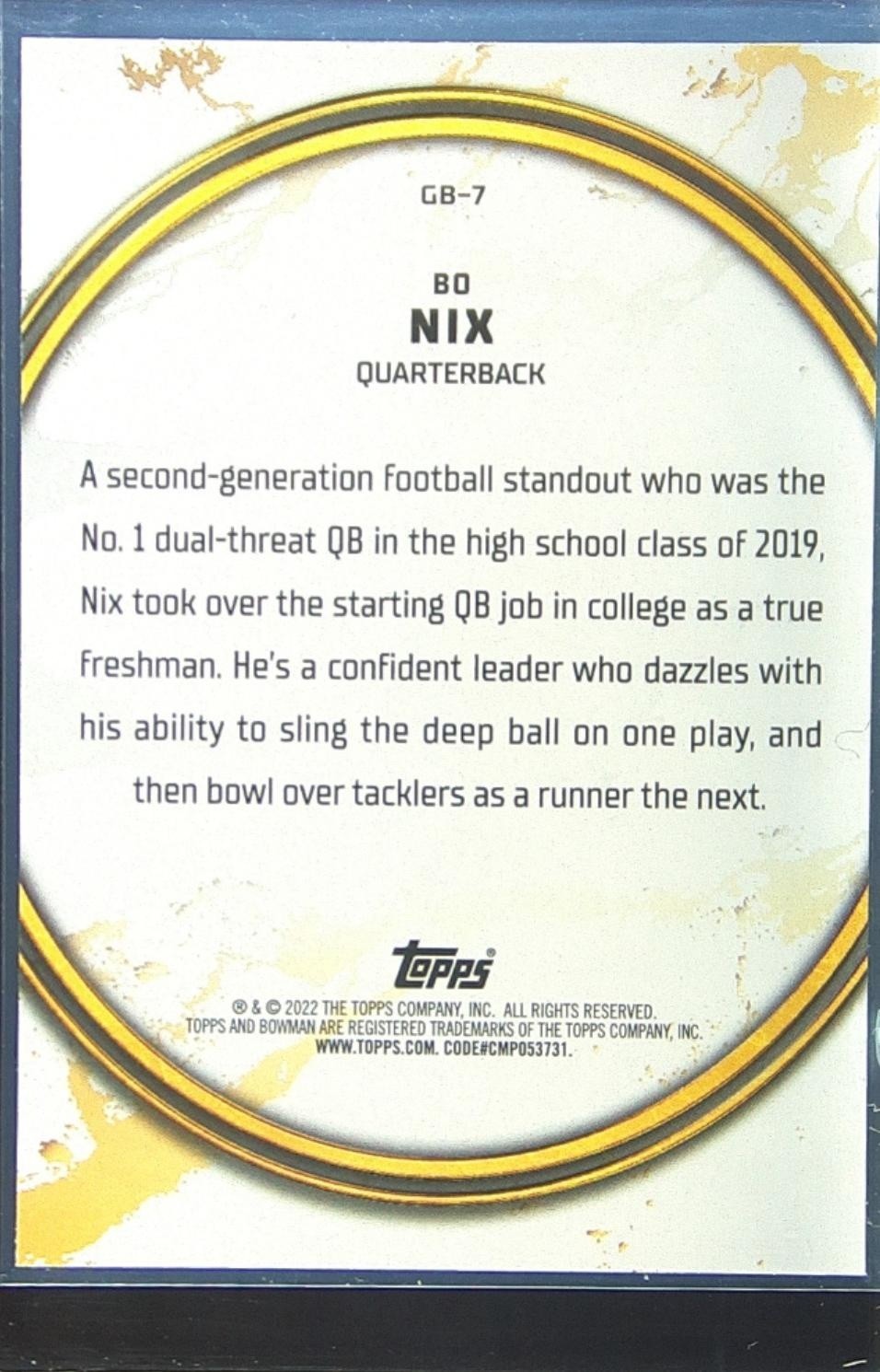 2021 Bowman University Bo Nix #GB-7 Tigers Golden Boy - Image 3