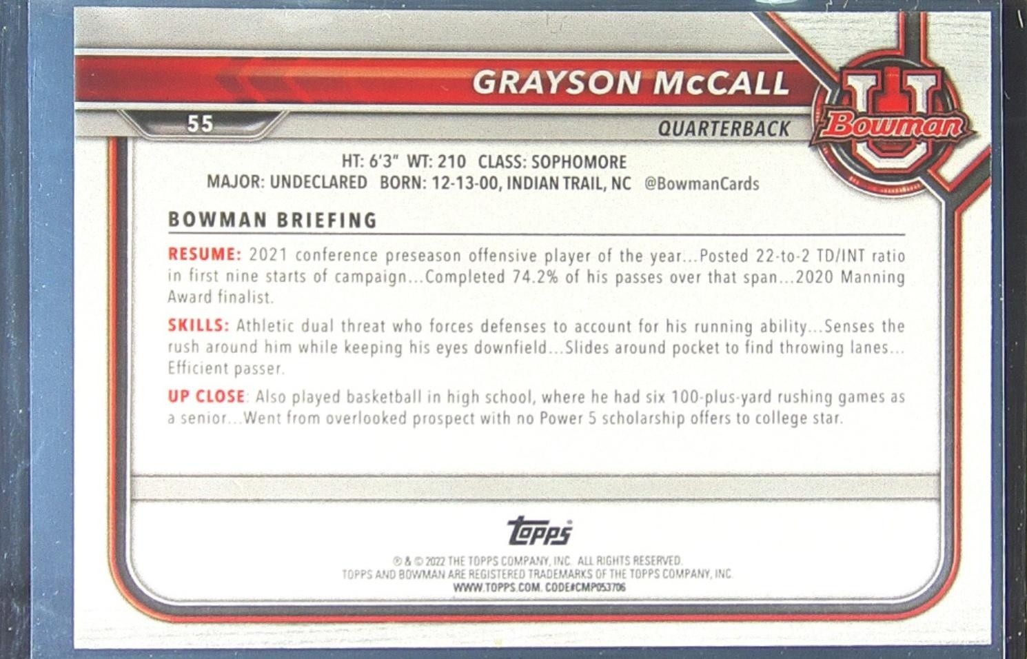 2021 Bowman University Grayson McCall #55 Chanticleers First Bowman - Image 3