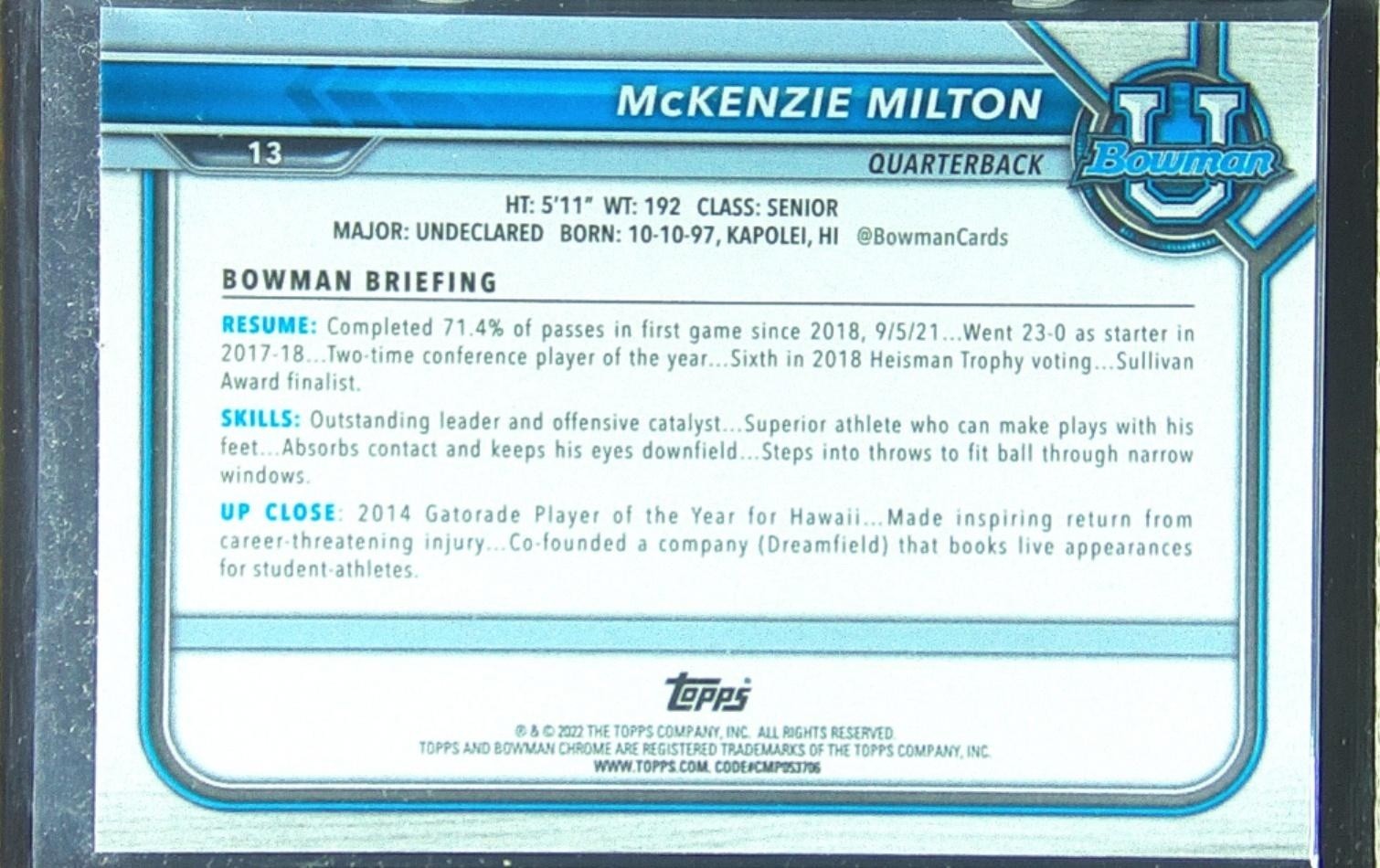 2021 Bowman University McKenzie Milton Chrome Aqua /299 #13 Seminoles - Image 3